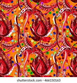 bright floral seamless pattern with red and orange background. Vector illustration.