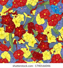 Bright floral seamless pattern. Summer background with colored phloxes. Botanical illustration, hand-drawing. Design for textiles, fabrics, wallpapers, home decoration, packaging,