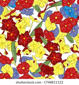 Patrón floral brillante sin costuras. Fondo veraniego con coloridos folículos. Ilustración botánica, dibujo a mano. Diseño para textiles, telas, papel pintado, decoración doméstica, embalaje,