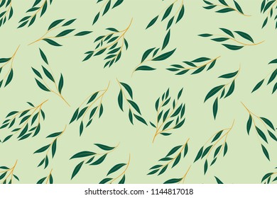 Bright Floral Seamless Pattern. Vector Eucalyptus Leaves and Beautiful Blossom Elements. Colorful Botanical Summer Background. Floral Seamless Pattern for Wedding Design, Print, Textile, Fabric, Paper