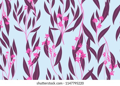Bright Floral Seamless Pattern. Vector Eucalyptus Leaves and Beautiful Blossom Elements. Colorful Botanical Summer Background. Floral Seamless Pattern for Wedding Design, Print, Textile, Fabric, Paper