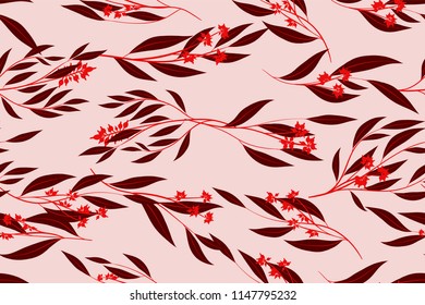 Bright Floral Seamless Pattern. Vector Eucalyptus Leaves and Beautiful Blossom Elements. Colorful Botanical Summer Background. Floral Seamless Pattern for Wedding Design, Print, Textile, Fabric, Paper