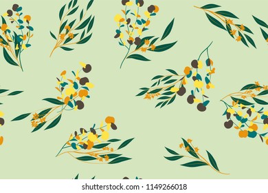 Bright Floral Seamless Pattern. Vector Eucalyptus Leaves and Beautiful Blossom Elements. Colorful Botanical Summer Background. Floral Seamless Pattern for Wedding Design, Print, Textile, Fabric, Paper