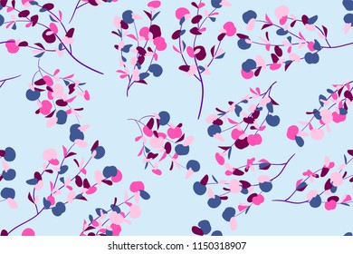 Bright Floral Seamless Pattern. Vector Eucalyptus Leaves and Beautiful Blossom Elements. Colorful Botanical Summer Background. Floral Seamless Pattern for Wedding Design, Print, Textile, Fabric, Paper
