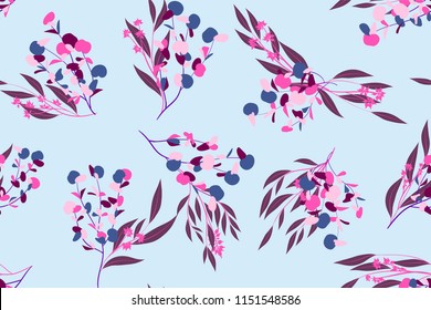 Bright Floral Seamless Pattern. Vector Eucalyptus Leaves and Beautiful Blossom Elements. Colorful Botanical Summer Background. Floral Seamless Pattern for Wedding Design, Print, Textile, Fabric, Paper