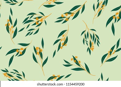 Bright Floral Seamless Pattern. Vector Eucalyptus Leaves and Beautiful Blossom Elements. Colorful Botanical Summer Background. Floral Seamless Pattern for Wedding Design, Print, Textile, Fabric, Paper