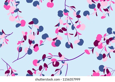 Bright Floral Seamless Pattern. Vector Eucalyptus Leaves and Beautiful Blossom Elements. Colorful Botanical Summer Background. Floral Seamless Pattern for Wedding Design, Print, Textile, Fabric, Paper