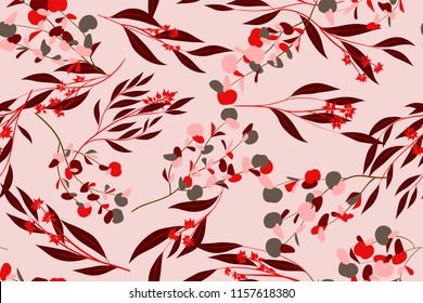 Bright Floral Seamless Pattern. Vector Eucalyptus Leaves and Beautiful Blossom Elements. Colorful Botanical Summer Background. Floral Seamless Pattern for Wedding Design, Print, Textile, Fabric, Paper