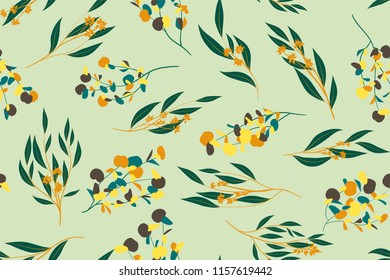 Bright Floral Seamless Pattern. Vector Eucalyptus Leaves and Beautiful Blossom Elements. Colorful Botanical Summer Background. Floral Seamless Pattern for Wedding Design, Print, Textile, Fabric, Paper