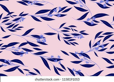 Bright Floral Seamless Pattern. Vector Eucalyptus Leaves and Beautiful Blossom Elements. Colorful Botanical Summer Background. Floral Seamless Pattern for Wedding Design, Print, Textile, Fabric, Paper