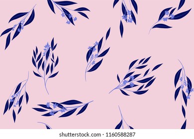 Bright Floral Seamless Pattern. Vector Eucalyptus Leaves and Beautiful Blossom Elements. Colorful Botanical Summer Background. Floral Seamless Pattern for Wedding Design, Print, Textile, Fabric, Paper