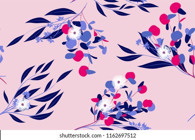 Bright Floral Seamless Pattern. Vector Eucalyptus Leaves and Beautiful Blossom Elements. Colorful Botanical Summer Background. Floral Seamless Pattern for Wedding Design, Print, Textile, Fabric, Paper