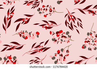 Bright Floral Seamless Pattern. Vector Eucalyptus Leaves and Beautiful Blossom Elements. Colorful Botanical Summer Background. Floral Seamless Pattern for Wedding Design, Print, Textile, Fabric, Paper
