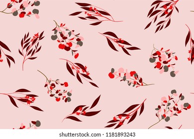 Bright Floral Seamless Pattern. Vector Eucalyptus Leaves and Beautiful Blossom Elements. Colorful Botanical Summer Background. Floral Seamless Pattern for Wedding Design, Print, Textile, Fabric, Paper