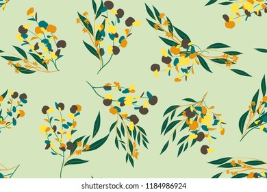 Bright Floral Seamless Pattern. Vector Eucalyptus Leaves and Beautiful Blossom Elements. Colorful Botanical Summer Background. Floral Seamless Pattern for Wedding Design, Print, Textile, Fabric, Paper
