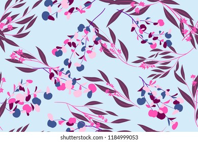 Bright Floral Seamless Pattern. Vector Eucalyptus Leaves and Beautiful Blossom Elements. Colorful Botanical Summer Background. Floral Seamless Pattern for Wedding Design, Print, Textile, Fabric, Paper