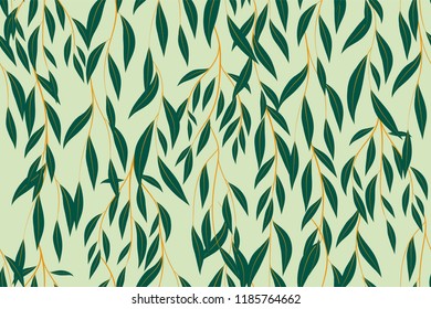 Bright Floral Seamless Pattern. Vector Eucalyptus Leaves and Beautiful Blossom Elements. Colorful Botanical Summer Background. Floral Seamless Pattern for Wedding Design, Print, Textile, Fabric, Paper