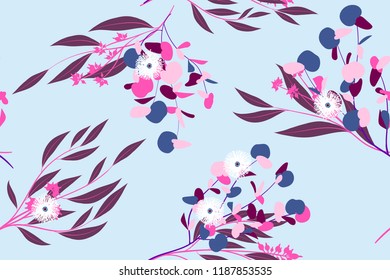 Bright Floral Seamless Pattern. Vector Eucalyptus Leaves and Beautiful Blossom Elements. Colorful Botanical Summer Background. Floral Seamless Pattern for Wedding Design, Print, Textile, Fabric, Paper
