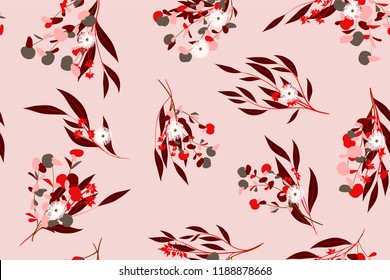 Bright Floral Seamless Pattern. Vector Eucalyptus Leaves and Beautiful Blossom Elements. Colorful Botanical Summer Background. Floral Seamless Pattern for Wedding Design, Print, Textile, Fabric, Paper