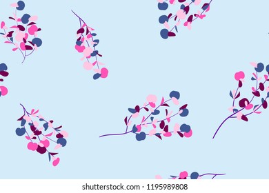 Bright Floral Seamless Pattern. Vector Eucalyptus Leaves and Beautiful Blossom Elements. Colorful Botanical Summer Background. Floral Seamless Pattern for Wedding Design, Print, Textile, Fabric, Paper