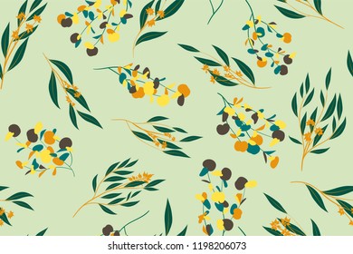 Bright Floral Seamless Pattern. Vector Eucalyptus Leaves and Beautiful Blossom Elements. Colorful Botanical Summer Background. Floral Seamless Pattern for Wedding Design, Print, Textile, Fabric, Paper