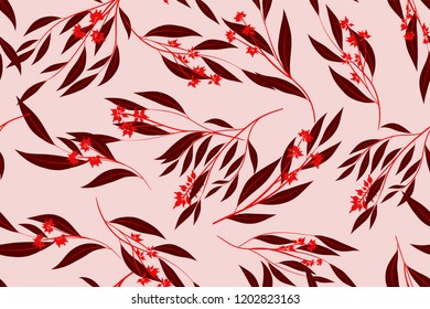 Bright Floral Seamless Pattern. Vector Eucalyptus Leaves and Beautiful Blossom Elements. Colorful Botanical Summer Background. Floral Seamless Pattern for Wedding Design, Print, Textile, Fabric, Paper