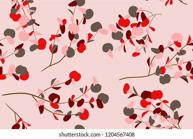 Bright Floral Seamless Pattern. Vector Eucalyptus Leaves and Beautiful Blossom Elements. Colorful Botanical Summer Background. Floral Seamless Pattern for Wedding Design, Print, Textile, Fabric, Paper