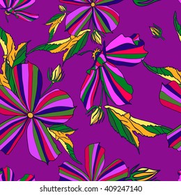Bright floral seamless pattern. Vector illustration with multicolored flowers and leaves on a dark purple background.Suitable for fabric, textile, gift wrapping paper.