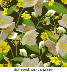 Bright floral seamless pattern with white and yellow flowers on a dark background. Jasmine flowers and small yellow flowers are scattered randomly. For textiles, wallpaper, fashion prints, clothing