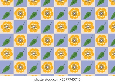 Bright floral seamless pattern with yellow flowers and green leaves over a purple checkered background. Bold and fun for textiles, gift wraps, and wallpapers.