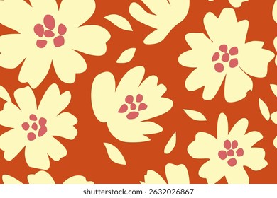 Brillante patrón floral sin fisuras con flores amarillas sobre fondo naranja para el diseño textil.