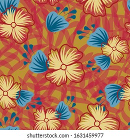 bright floral seamless vector pattern in red yellow and blue colors