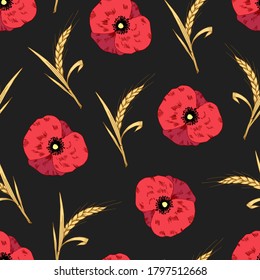 Patrón vectorial luminoso sin costuras florales. Flor roja de amapola, oreja dorada de trigo sobre fondo negro. Para impresiones de tela, productos textiles, embalaje, ropa.