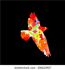 bright floral silhouette of the bird on black background. Vector 