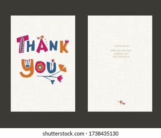 Bright Floral Thank You Greeting Card Template On Linen Background. Cute Hand Drawn Collage Lettering, Flowers And Bird. Scandi Doodle Floral Gratitude Appreciation Notecard Creative Vector Isolated