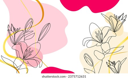 Bright floral vector background. Luxury floral wallpaper design with flowers in one line style, line art, golden texture. Elegant golden botanical illustration suitable for fabric, print, print, poste