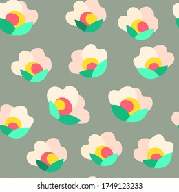 Bright floral vector pattern with decorative abstract flowers on the blue-green background in minimalistic style. For textiles, wallpapers, designer paper, etc

