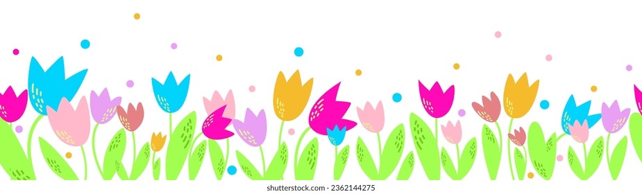 Bright floral vector seamless long background with tulips on a white.
