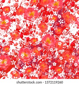 Bright floral vector seamless pattern. Scarlet roses and small white flowers on textured burgundy and white marble background. Template for textile, wallpaper, cover, carton, banner, ceramic tile.