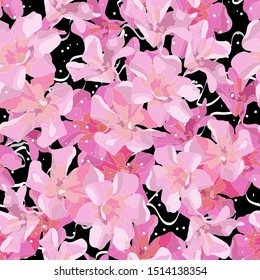 Bright floral vector seamless pattern. Many Hand drawn abstract Pink oleander flowers on black background. Festive Ornate template for design, textile, wallpaper, ceramics.