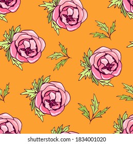 Bright floral vector seamless pattern. Pink peony flowers, foliage on an orange background . For fabric prints, textile products, home decor, clothing.
