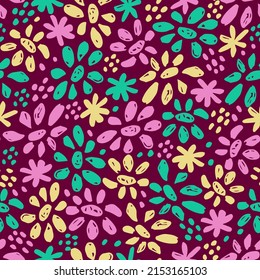 Bright floral vector seamless pattern. Multicolored flowers, confetti on a dark brown background. Spring-summer collection. For fabric prints, textiles, clothing.