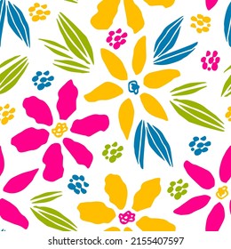 Bright floral vector seamless pattern. Pink, yellow flowers, green, blue leaves on a white background. For fabric prints, textiles, clothing. Spring-summer collection.