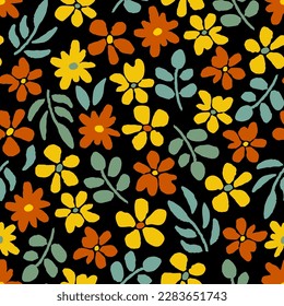 Vector floral brillante patrón sin fisuras. Flores amarillas, naranjas, hojas verdes sobre un fondo negro. Para impresiones de tejidos, textiles, ropa.