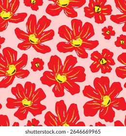 Bright floral vector seamless pattern. Big red flowers on pink background. For fabric prints, textile products, summer clothes.
