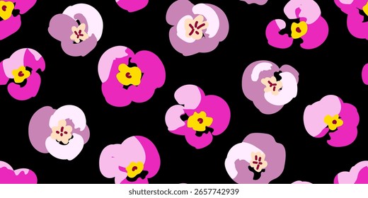 Vetor floral brilhante padrão sem emenda. Rosa, flores púrpura pansy em um fundo preto. Para estampas de tecido, produtos têxteis.