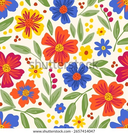 Bright floral vector seamless pattern. Orange, blue, yellow flowers on a light background. For fabric prints, textile products, summer clothes.