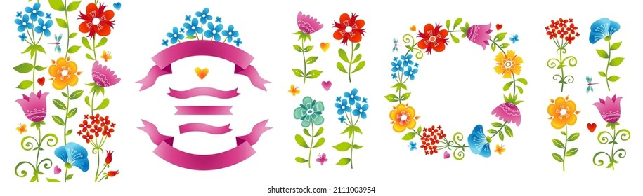 Vector floral brillante con decoración floral. Bordes, marcos, cintas, flores y viñetas sin inconvenientes. Elementos de verano para saludos. Decoración floral para invitaciones, tarjetas. Patrón de flor