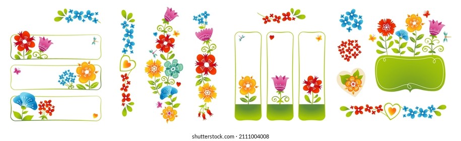 Vector floral brillante con decoración floral. Bordes, marcos, cintas, flores y viñetas sin inconvenientes. Elementos de verano para saludos. Decoración floral para invitaciones, tarjetas. Patrón de flor