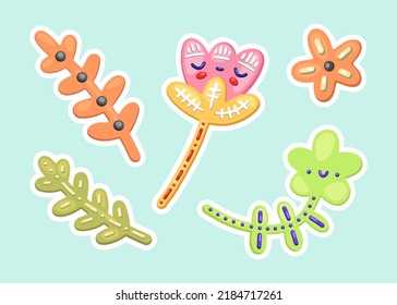 Helle Blumenvektorset aus Symbolen, Aufklebern und Pflastern. Kawaii Pastellblumen mit Blütenblättern, Zweigen und Blättern. Helle 3D-Retro-Stifte und -Abzeichen für Dekoration, Druck, Geschenke, Textilien
